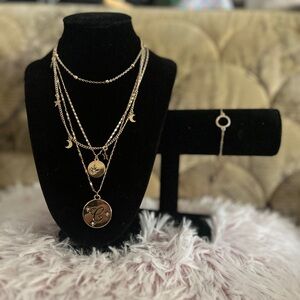 Gold Necklaces with C initial + Bracelet Set